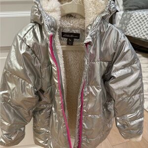 Eddie Bauer Metallic Silver Kids Puffer with Pink Trim 4T